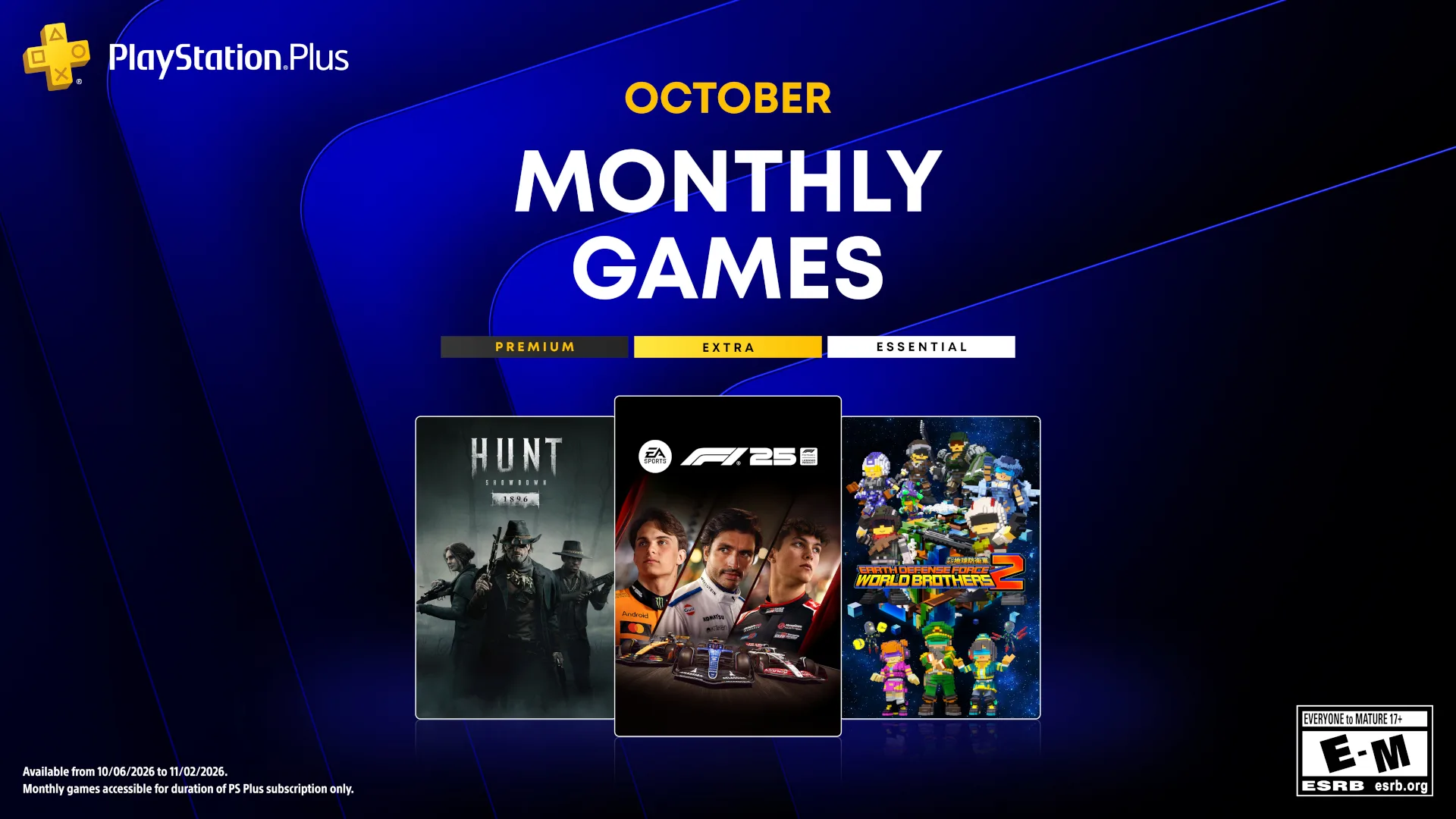 PS Plus de Outubro Traz F1 25, Hunt: Showdown 1896 e EDF World Brothers 2